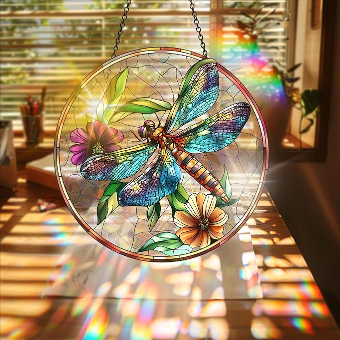Bimkole Dragonfly Sun Catchers Indoor Window - Flowers Acrylic Suncatcher Hanging Decoration for Living Room Bedroom Summer Home Balcony Outdoor Garden Ornaments Decoration 7.8x7.8 Inch