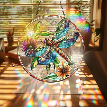 Bimkole Dragonfly Sun Catchers Indoor Window - Flowers Acrylic Suncatcher Hanging Decoration for Living Room Bedroom Summer Home Balcony Outdoor Garden Ornaments Decoration 7.8x7.8 Inch