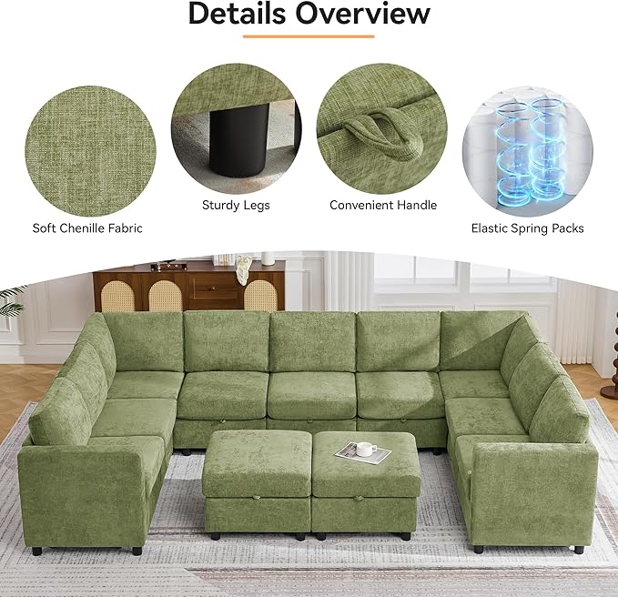127'' Oversized U Shaped Modular Sofa, Sectional Couches with Storage for Living Room, Modern 9 Seater Cloud Sectional Couch with Movable Ottoman, Chenille Green