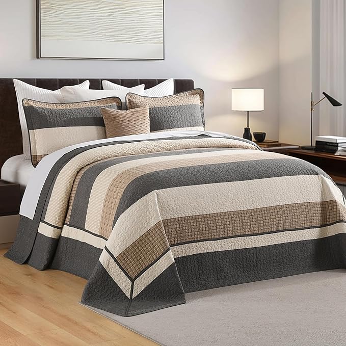 Finlonte Striped Bedspread Set Overszied Queen Size Lightweight Quilted Bed Spread Comforter Sets, Charcoal/Brown/Beige