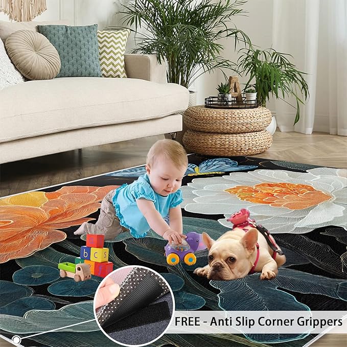 Flowers 5x7 Area Rugs for Living Room Classic Petals Washable Rug Orange-Yellow Flowers Rug Non Slip Low Pile Soft Area Rugs for Bedroom Bedside Dining Room Kids