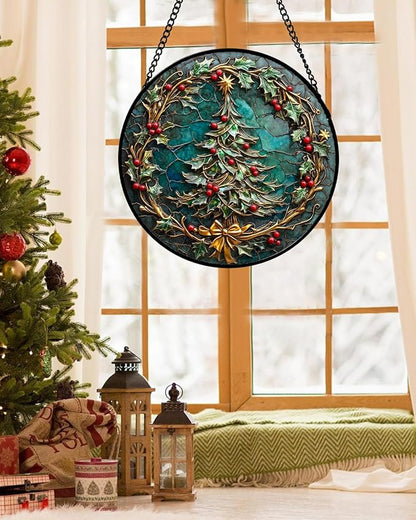 DASTOLL Stained Glass Window Hangings - Red Gold Green Wreath Suncatcher for Door Home Christmas Tree Decoration Sun Catcher Thanksgiving New Year Birthday Gift for Women Men Mom Grandma 15 in