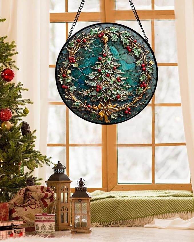 DASTOLL Stained Glass Window Hangings - Red Gold Green Wreath Suncatcher for Door Home Christmas Tree Decoration Sun Catcher Thanksgiving New Year Birthday Gift for Women Men Mom Grandma 11.8 in