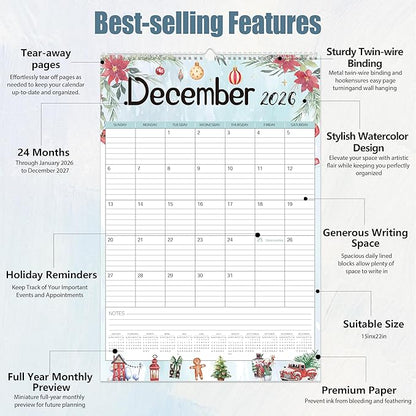 GuassLee Large Wall Calendar 2026-2027,24-Month Vertical Wall Calendar Runs from Jan. 2026 to Dec. 2027, 22"x15" Hanging Monthly Planner with Thick Paper Watercolor Design for Easy Organizing