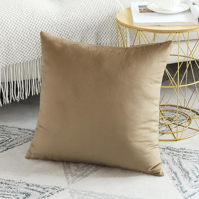 Artscope Luxury Velvet Pillow Covers Decorative Square Pillowcases Soft Solid Cushion Cases for Couch Sofa Bedroom Home Decor 18x18 Inch Golden Brown