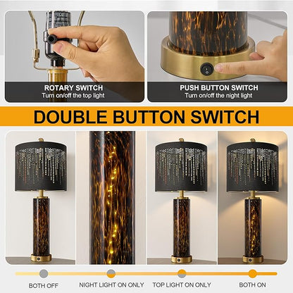 Oneach 27.75" Modern Table Lamps Set of 2, Gold Bedside Lamp with Leopard Glass Nightlight, USB A+C, Black Crystal Shade, Unique Desk Lamps for Living Room, Bedroom, Nightstand (2 Bulbs Included)