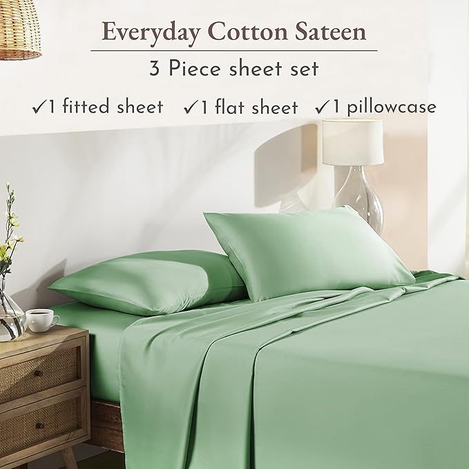 California Design Den Twin XL Bed Sheets Set - Natural 100% Cotton Sheet Set, Soft Sateen, Fully Elasticized Deep Pockets, Breathable and Durable Bedding for Dorm Room - Frosty Green