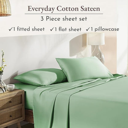 California Design Den Twin XL Bed Sheets Set - Natural 100% Cotton Sheet Set, Soft Sateen, Fully Elasticized Deep Pockets, Breathable and Durable Bedding for Dorm Room - Frosty Green