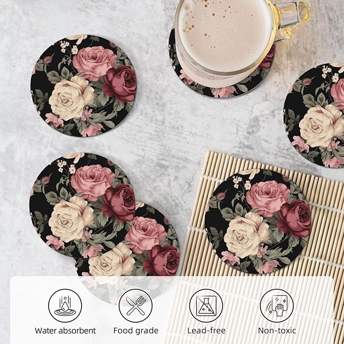 6 Pcs Ceramic Coasters with Holder Absorbent Drink Round Vintage Pink and Cream Dark Floral Design for Home Table Coffee Cup Wine Beer Bar,Size 4 inches