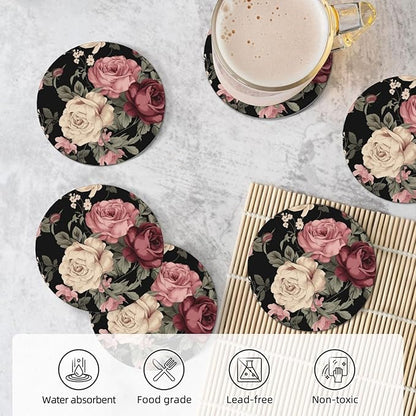6 Pcs Ceramic Coasters with Holder Absorbent Drink Round Vintage Pink and Cream Dark Floral Design for Home Table Coffee Cup Wine Beer Bar,Size 4 inches