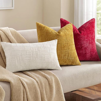 decorUhome Christmas Red Chenille Throw Pillow Covers 20x20 Set of 2 Thick Textured Slubby Couch Pillow Covers Farmhouse Accent Modern Neutral Decorative Pillow Cases for Bed Sofa Living Room