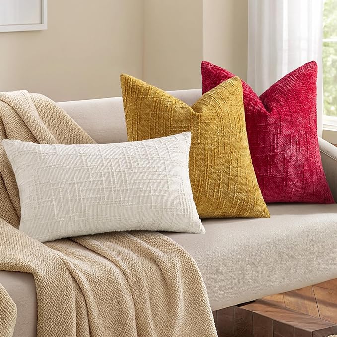 decorUhome Christmas Red Chenille Throw Pillow Covers 18x18 Set of 2 Thick Textured Slubby Couch Pillow Covers Farmhouse Accent Modern Neutral Decorative Pillow Cases for Bed Sofa Living Room