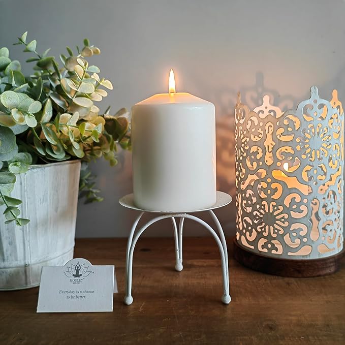 Hosley 7.5" White Metal Candle Holder – Diamond Cut Design Lantern for Home Decor, Weddings, Parties, Events, Gifts & Indoor Outdoor Lighting