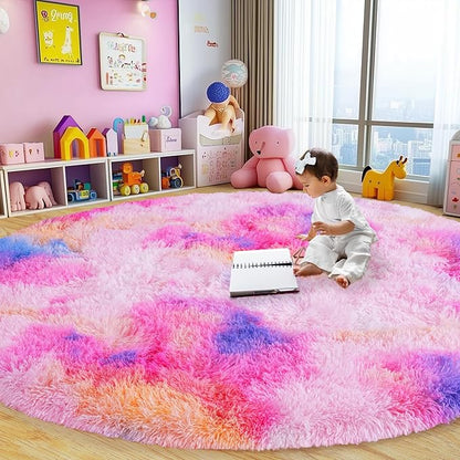 Round Fluffy Rugs 6Ft for Girls Bedroom, Dark Rainbow Shag Circle Kids Rug Non-Slip for Bedside Dorm Nursery Playroom, Soft Cute Area Rugs for Living Room Decor