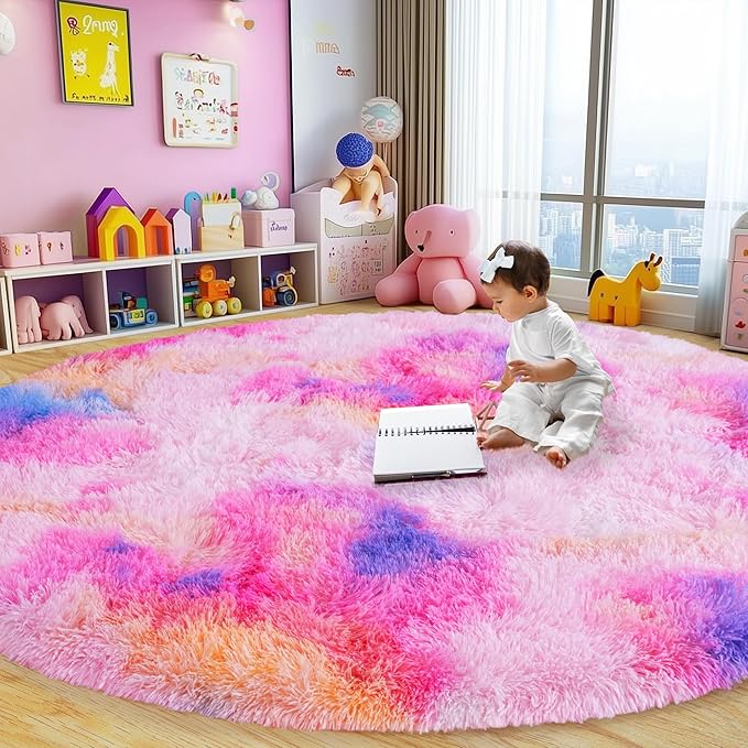 Round Fluffy Rugs 3Ft for Girls Bedroom, Dark Rainbow Shag Circle Kids Rug Non-Slip for Bedside Dorm Nursery Playroom, Soft Cute Area Rugs for Living Room Decor