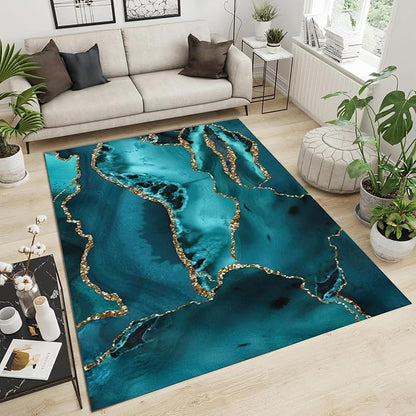 Emerald Blue Marble Area Rug, Luxury Marble Non Slip Noise Reduction Accent Rug, Machine Washable Durable Carpet for Indoor Bedroom Living Room Office Decor Rug - 6 ft x 9 ft