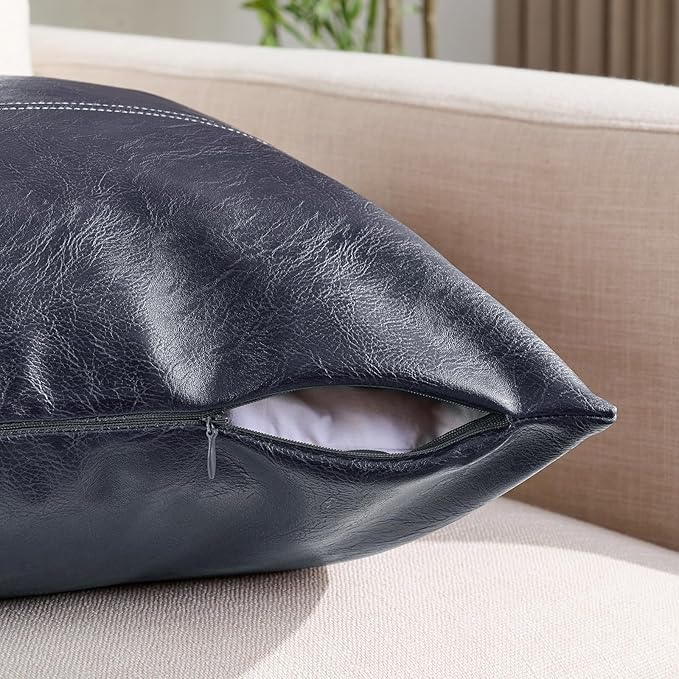 Fancy Homi 2 Packs Navy Blue Lumbar Waterproof Faux Leather Decorative Throw Pillow Covers 12x20 Inch for Outdoor Couch Bed, Modern Farmhouse Boho Home Decor, Blue Hand Stitched Cushion Case 30x50 cm