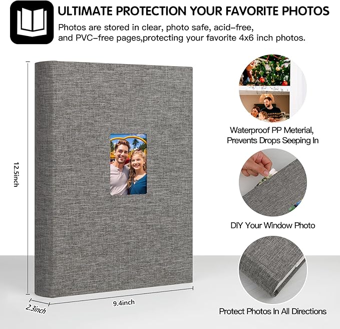 XFveiwoo Photo Album 4x6 450 Photos with Writing Space,4 x 6 Photo Book Linen Cover with Front Window, 4x6 Picture Album 450 Photos Photo Album Book for Wedding Kids Travel Family Baby Pictures, Grey