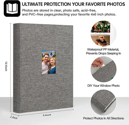 XFveiwoo Photo Album 4x6 450 Photos with Writing Space,4 x 6 Photo Book Linen Cover with Front Window, 4x6 Picture Album 450 Photos Photo Album Book for Wedding Kids Travel Family Baby Pictures, Grey