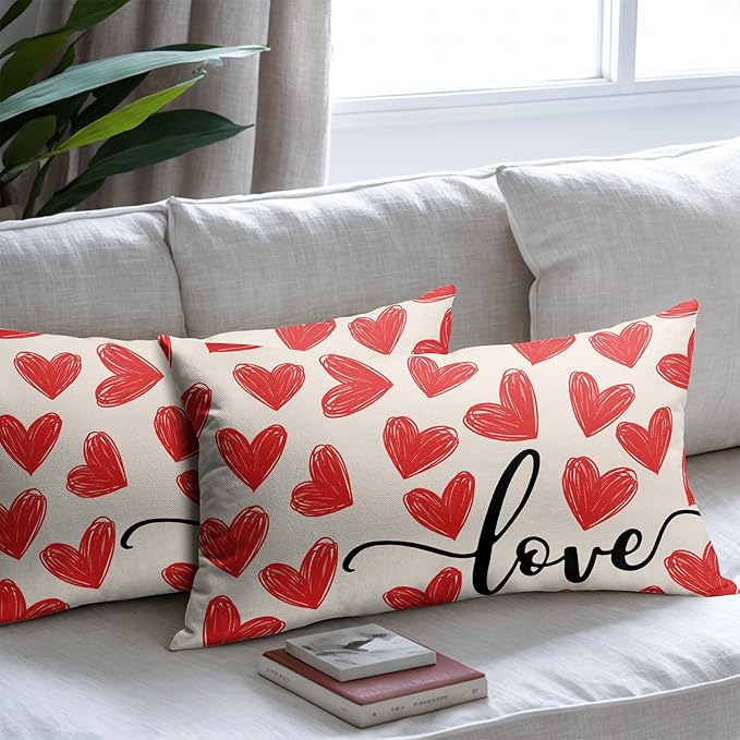 Valentines Day Pillow Covers 12x20 Set of 2 Red Heart Throw Pillow Covers Love Pillowcase Linen Decoration Farmhouse Holiday Cozy Soft Cushion Case Couch for Indoor Outdoor Home Decor