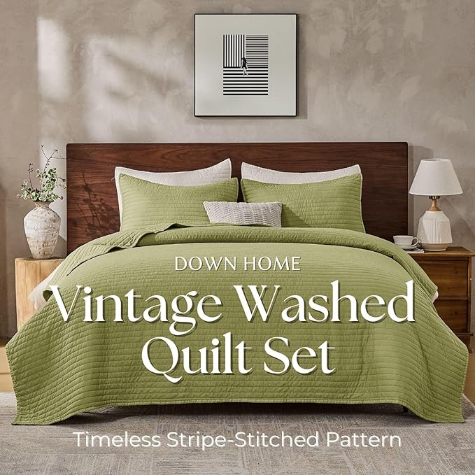 DOWN HOME King Quilt Bedding Set with Shams, Vintage Washed Soft Quilted Blanket Thin Comforter Lightweight Bedspread Coverlet Bed Cover, Brushed Microfiber Stripe Stitching, Golden Olive, 104"x90"