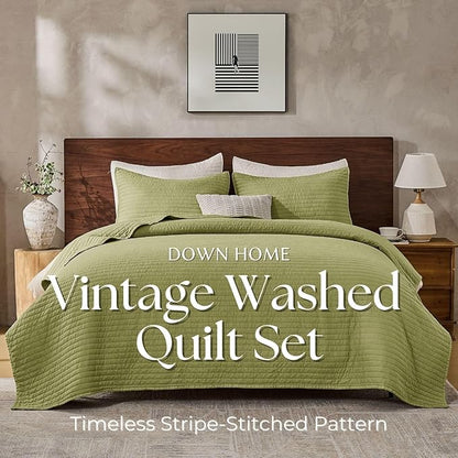 DOWN HOME King Quilt Bedding Set with Shams, Vintage Washed Soft Quilted Blanket Thin Comforter Lightweight Bedspread Coverlet Bed Cover, Brushed Microfiber Stripe Stitching, Golden Olive, 104"x90"