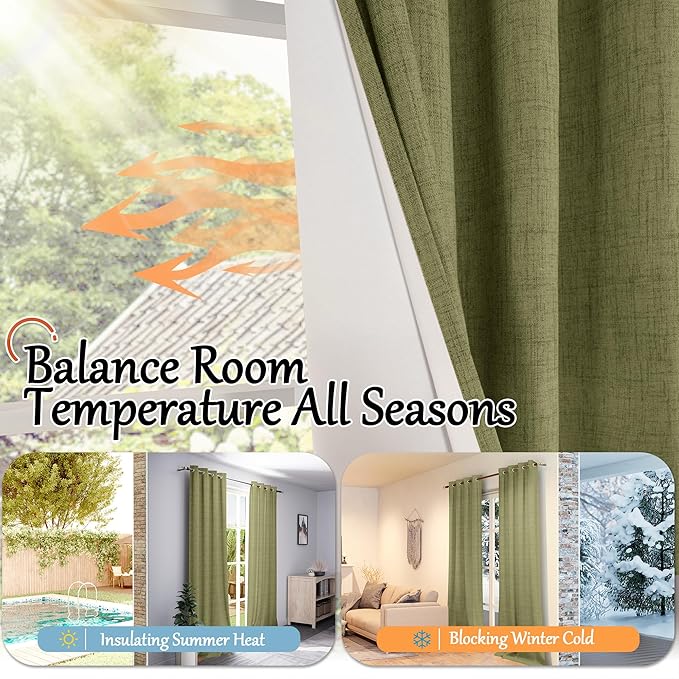 Lajode Olive Green Linen Blackout Curtains - 84 Inch Long Total Black Out Curtains for Bedroom Living Room, Thermal Insulated Room Darkening Light Blocking Faux Linen Curtains Each 52x84 Inch 2 Panels