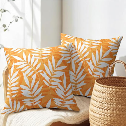 Fall Leaf Pillow Covers 24x24 Set of 2 Orange White Seasonal Autumn Leaves Rustic Decorative Square Throw Pillows Outdoor Pillowcase Farmhouse Linen Cushion Case Decor for Home Sofa Couch Bed
