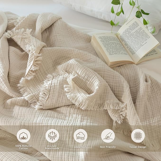 MooMee Muslin Blanket - 100% Cotton 4-Layer Gauze Throw Blanket with All-Around Fringe, Ultra-Soft Breathable Lightweight Cooling Decorative for Bed, Sofa & Couch (Beige,Throw 60" x 50")