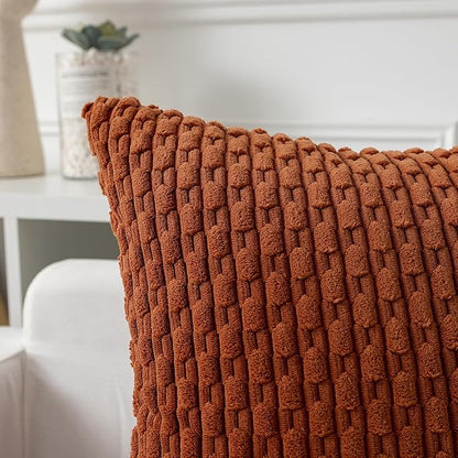 Kevin Textile Fall Throw Pillow Covers Soft Corduroy Decorative Set of 2 Boho Striped Pillow Covers Pillowcases Farmhouse Home Decor for Couch Bed Sofa Living Room 24x24 Inch Rust Brown
