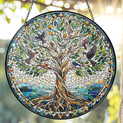 Tree of Life with Birds Sun Catcher RVEAFA Stained Glass Window Hanging Birds Lover Gifts for Women Wall Decor Handmade Sun Catcher Decoration for Garden Home Housewarming Gifts（20 * 20cm