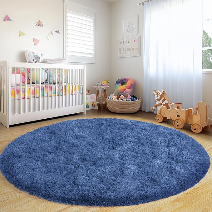 Round Fluffy for Bedroom Rugs, 5Ft Navy Blue Shag Circle Rug Non-Slip for Kids Girls Boys Bedroom Dorm Nursery Playroom, Soft Cute Area Rugs for Living Room Decor