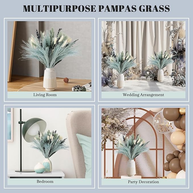 N&T NETING 100Pcs Grey Pampas Grass Decor Natural Dried - Gray Pampas Grass Bunny Tails Eucalyptus Leaves Gray Flowers for Centerpieces Rustic Living Room Home Wedding Boho Modern Decor(17.5 Inch)