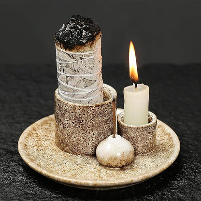 4 in 1 Multifunctional Ceramic Incense and Candle Holder with Ash Catcher Tray Suit for Burning White Sage, Palo Santo Sticks (Khaki)