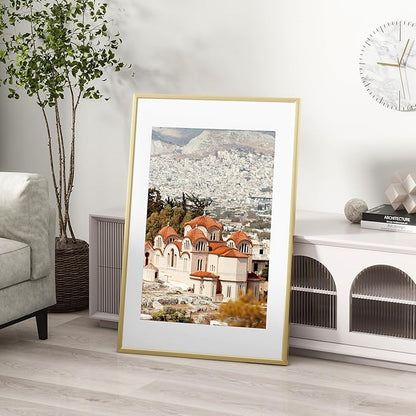 22x28 inch Metal Poster Frame - 22 x 28 Thin Aluminum Picture Frames Matted for 18x24 Photos, Artworks, Prints, Puzzle - High Definition Plexiglass - Vertical and Horizontal Display - Wall Hook Hanging Hardware Included - Gold, Set of 1