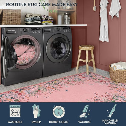 Lahome Boho Floral 2x6 Pink Bathroom Runner Rugs Non Slip Washable,Soft Runners for Hallways,Indoor Carpet Runner with Rubber Backing for Bedside Entryway Kitchen Laundry(Pink,2x6)