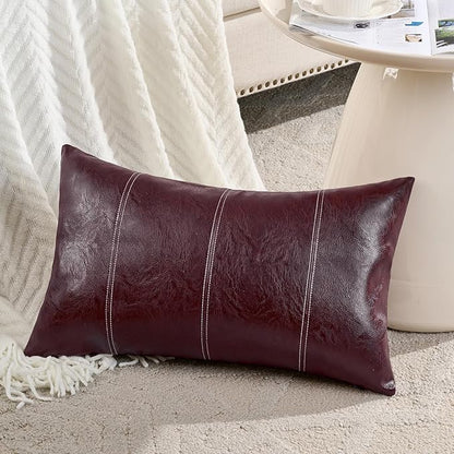 Fancy Homi 2 Packs Burgundy Lumbar Faux Leather Decorative Throw Pillow Covers 12x20 Inch for Outdoor Couch Bed, Modern Farmhouse Boho Home Decor, Wine Red Hand Stitched Cushion Case 30x50 cm