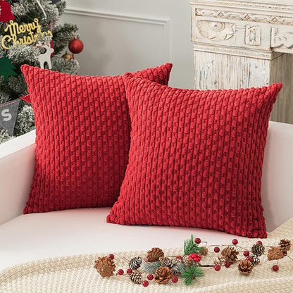 Kevin Textile Christmas Red Throw Pillow Covers Soft Corduroy Decorative Set of 2 Boho Striped Pillow Covers Pillowcases Farmhouse Home Decor for Couch Bed Sofa Living Room 26x26 Inch