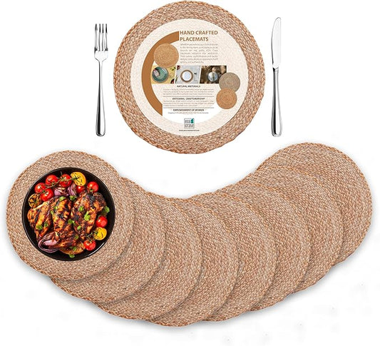 Eco Crave Jute Placemats, Set of 8 Round Woven Placemats 100% Natural Nonslip Round Placemats 13x13 Inches Round Farmhouse, Boho Jute Placemats for Dining Table Placemats Set of 8