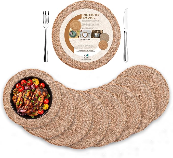Eco Crave 13 Inch Round Woven Placemats Plate Chargers Set of 10, Boho Farmhouse Rustic Woven Place Mats for Dining Table Decor, Rattan Wicker Table Mats Jute Braided Chargers for Dinner Plates