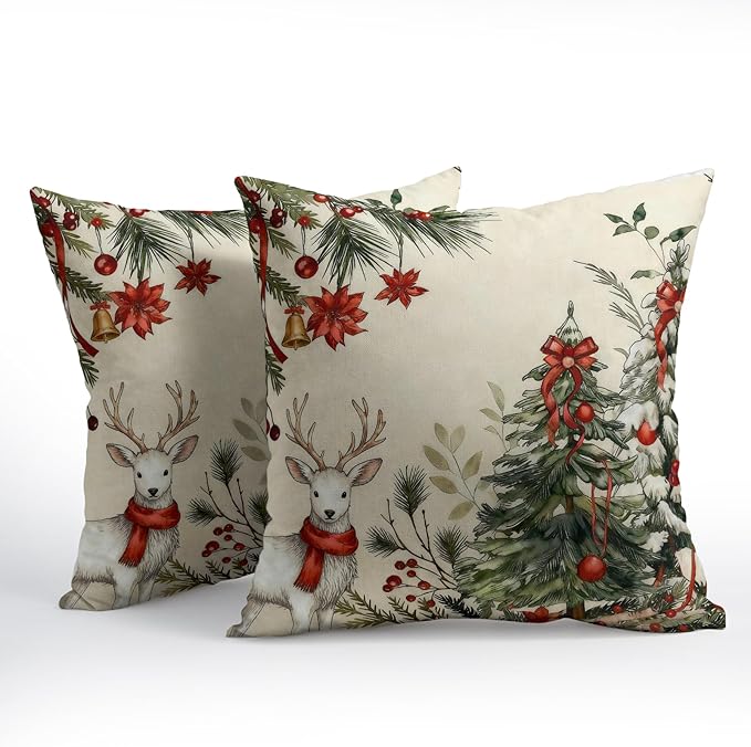 Christmas Pillow Covers 20x20 Set of 2 Green Tree Throw Pillow Covers Winter Pillowcase Linen Decoration Farmhouse Bell Deer Cozy Soft Cushion Case Couch for Indoor Outdoor Home Decor