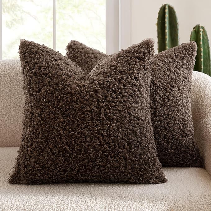 MIULEE Pack of 2 Throw Pillow Covers 22x22 Inch Neutral Chocolate Faux Fur Decorative Sherpa Pillow Covers Fuzzy Accent Soft Sheepskin Fleece Cushion Cases for Boho Home Decor Couch Living Room Bed