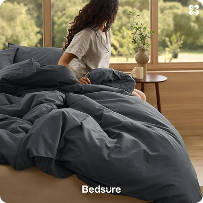 Bedsure Cotton Duvet Cover Oversized King - Luxury Slub Weave 100% Cotton Duvet Cover with a Linen Like Textured, Easy Change Durable Bedding, Charcoal, 120" x 98"