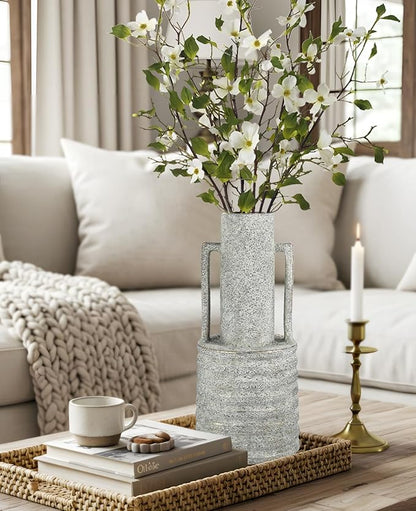 Hollyone Large Vintage Ceramic Vase with 2 Handles, 15.6" Tall Gold-Toned Antique Rustic Decorative Floral Grey Vases for Flowers Home Table Centerpiece Shelf Living Room Entryway Farmhouse Decor