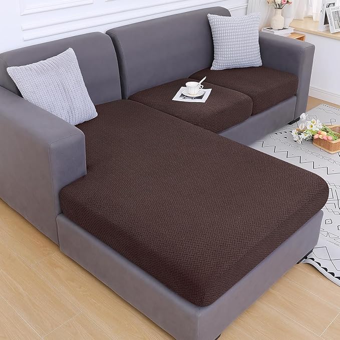 Smiry Waterproof Couch Cushion Covers, Stretch Jacquard Sectional Couch Covers, L Shape Chaise Lounge Sofa Slipcover, Washable Elastic Furniture Protector for Pets, Kid (Chaise Cover, Chocolate)