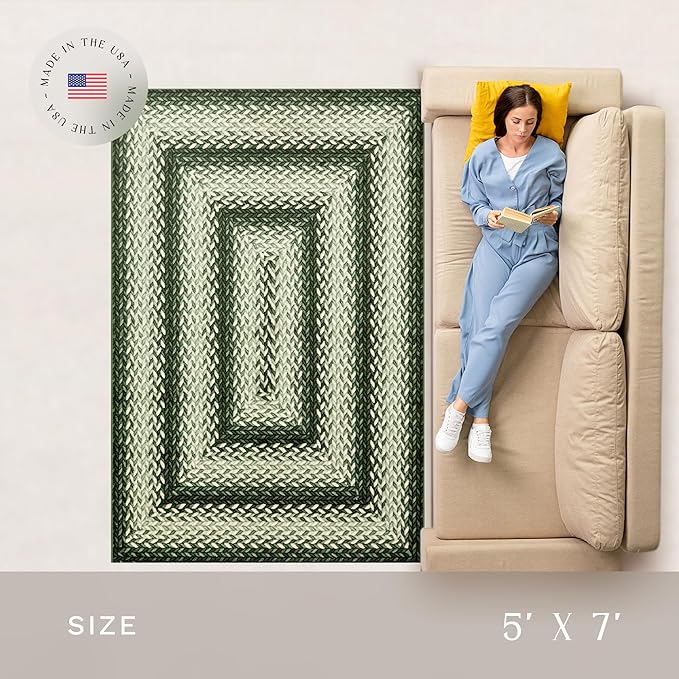 Maples Rugs Marion Bohemian Braided Design Print Area Rug – Made in USA – Low Pile, Non Slip Pet-Friendly Mat for Bedroom, Office, Living & Dining Room, 5' x 7', Green