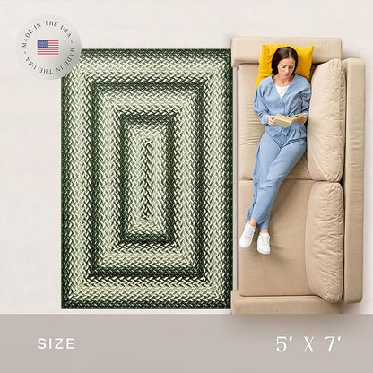 Maples Rugs Marion Bohemian Braided Design Print Area Rug – Made in USA – Low Pile, Non Slip Pet-Friendly Mat for Bedroom, Office, Living & Dining Room, 5' x 7', Green