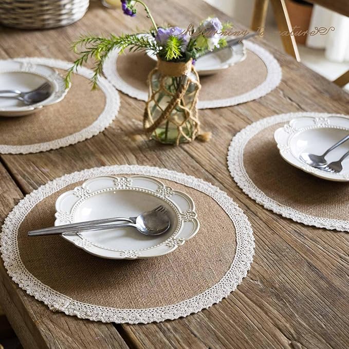 FunWheat Burlap Round Braided Placemats Set of 12 for Dining Tables 15 Inch Heat Resistant Jute Table Mats Farmhouse Woven Fabric Natural Place mats for Fall Decoration(Cotton Lace)