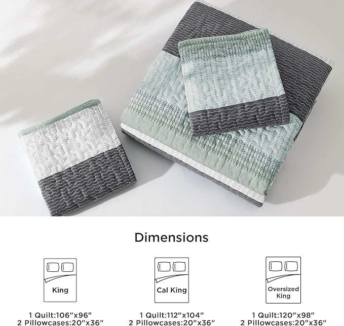 Litanika Oversized King Quilt Set Sage Green, 120x98 Stripe Bedspread Coverlet 3 Pieces, Sage Green Lightweight Quilted Bedding Set for All Season(Oversized King-1 Quilt, 2 Pillowcases)