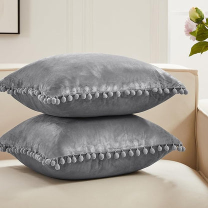 Deconovo Velvet Throw Pillow Covers, Set of 2, Decorative Pom-poms Soft with Invisible Zipper Cover for Sofa,Netural Grey,20x20 Inch